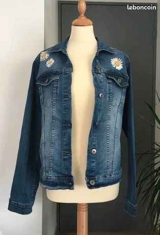 Veste En Jean Ample Brodée Femme - Col Rabattu Boutonnage Simple Style Cowboy