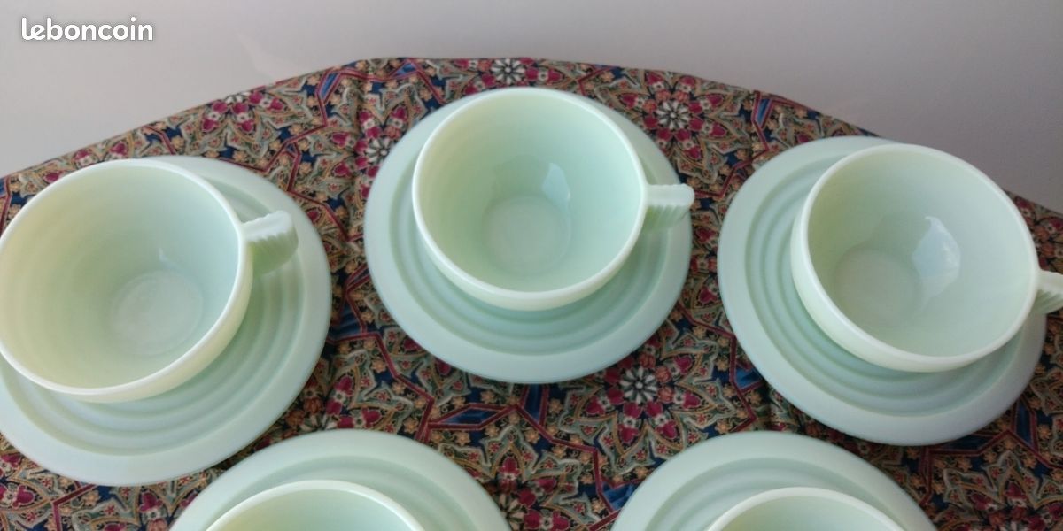 3 Tasses Et Sous-tasses Opaline Bleu-vert Art Déco Années 50 - Occasion Bon état
