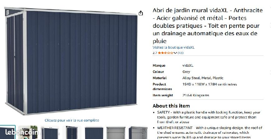 Abri de jardin mural vidaXL - Anthracite - Acier galvanisé et métal - Portes doubles pratiques - Toit en pente pour un drainage automatique des eaux de pluie (image 1)