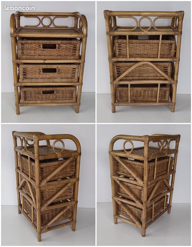 Chevet vintage Rotin /Osier/ Bambou - 3 Tiroirs - Boho 70's (image 2)