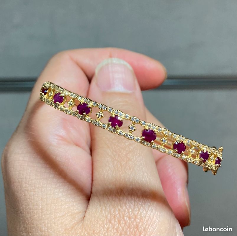 Luxe accessible au quotidien : Bracelet jonc en argent massif 925 plaqué or et #rubis naturels (Certificat) (image 4)