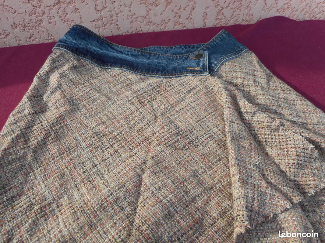Jupe mi longue évasée beige mouchetée ceinture jean T 42 KOOKAI (image 2)