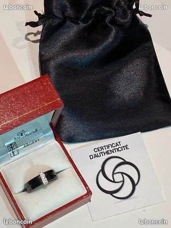 Bague anneau céramique et acier inoxydable noir argent zircon taille 59