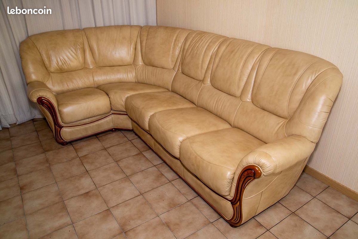 Canapé d'angle gauche en cuir 4 places coloris beige (image 3)