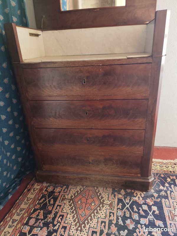 Coiffeuse ancienne à abattant avec miroir et marbre – à restaurer (image 2)