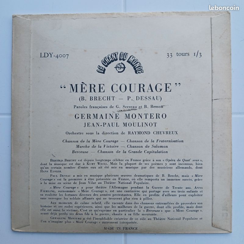 Vinyl EP "Mère Courage" de Brecht et Dessau chanté par Germaine Monteiro, le chant du monde 1952 (image 4)