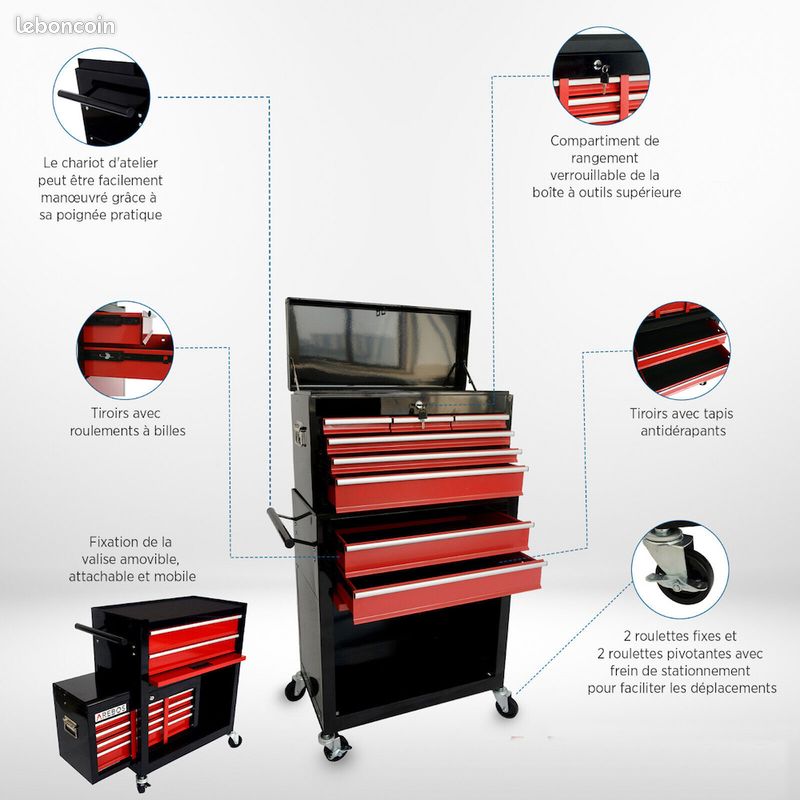 Servante d'atelier à 9 tiroirs Tapis antidérapants - Noir-Rouge - Livraison gratuite en Europe ⭐ ⭐ ⭐ (image 2)