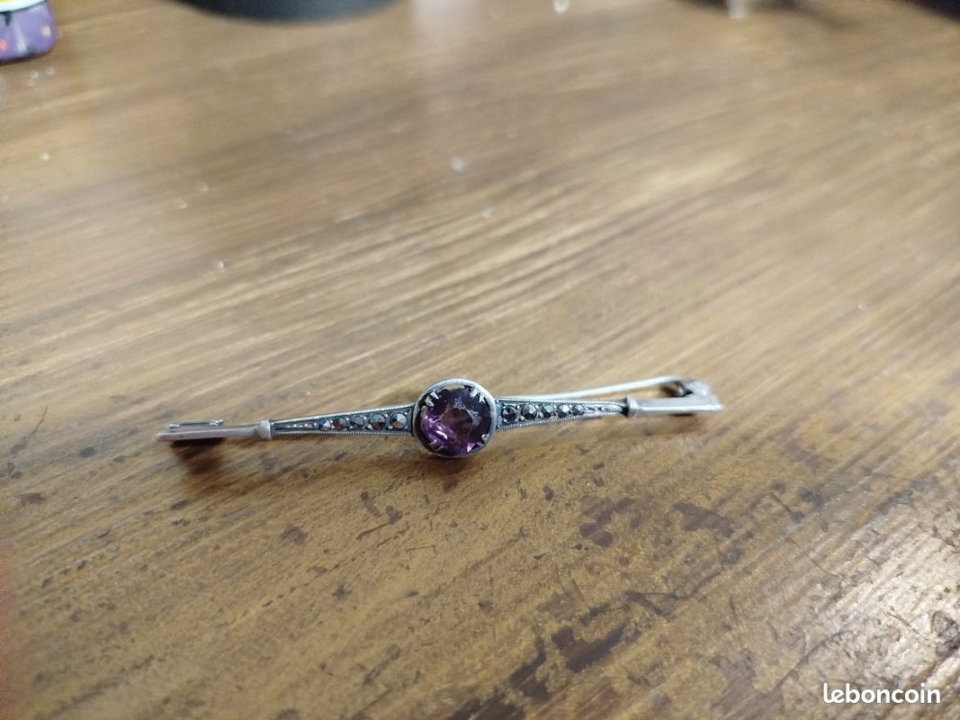 Broche Ancienne Argent Massif – Pierre Marcassite – Vintage