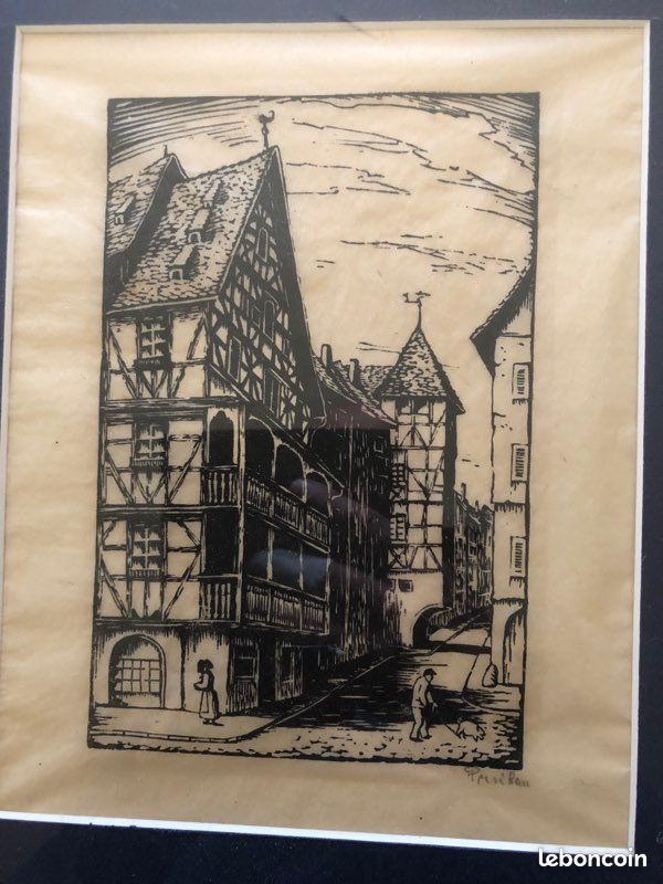 Alsace. Tableau gravure sur bois ou linogravure sur papier Japon. Signé Perridan (image 2)