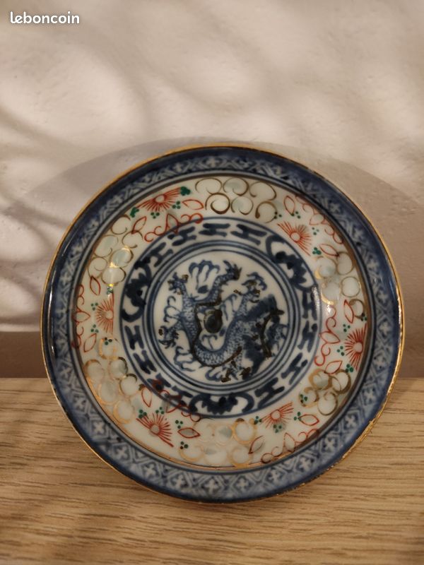 Mini bol à pieds chinois bleu blanc vintage, plat de sauce à base de grain de riz en porcelaine pein (image 1)