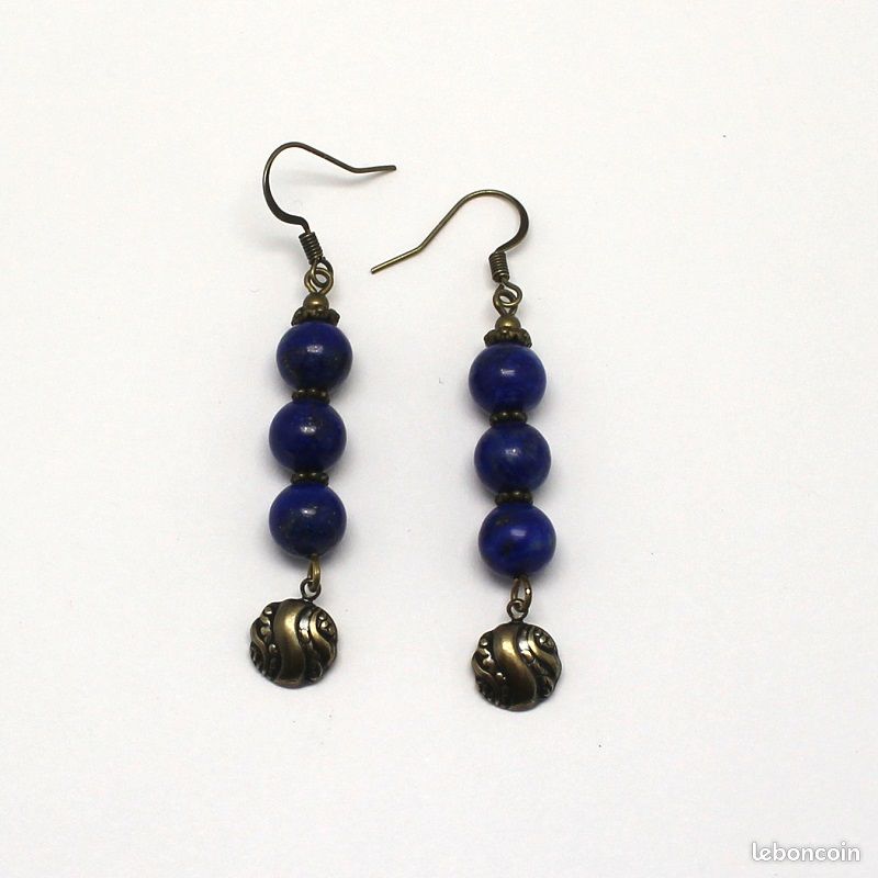Boucles d'oreilles pendante de couleur bronze, pierre de gemme lapis lazuli (image 2)