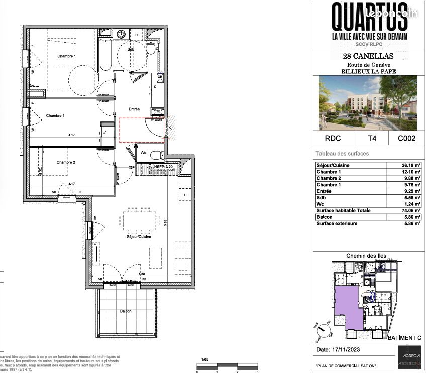 Appartement 4 pièces 74 m² · à Rillieux-la-Pape · 74 m² · 988 €/mois