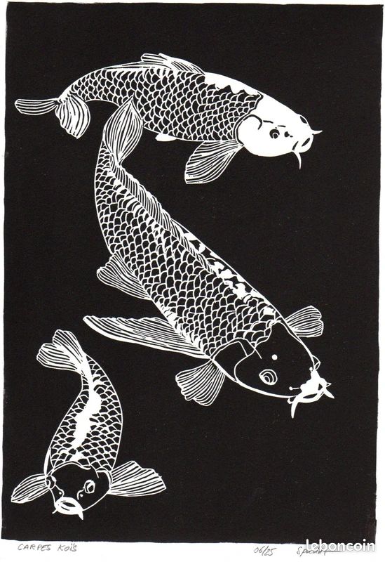 Carpes koïs, linogravure originale signée Spada (image 1)