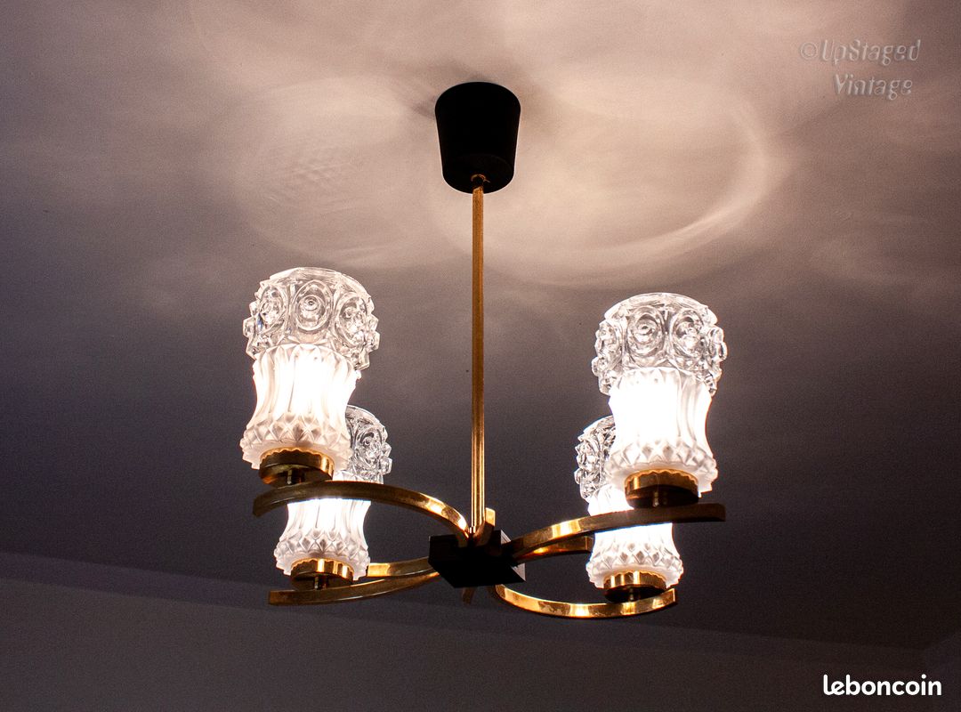 Lustre doré avec 4 abat-jours Plafonnier vintage des années 1970, style « Space Age » (image 2)