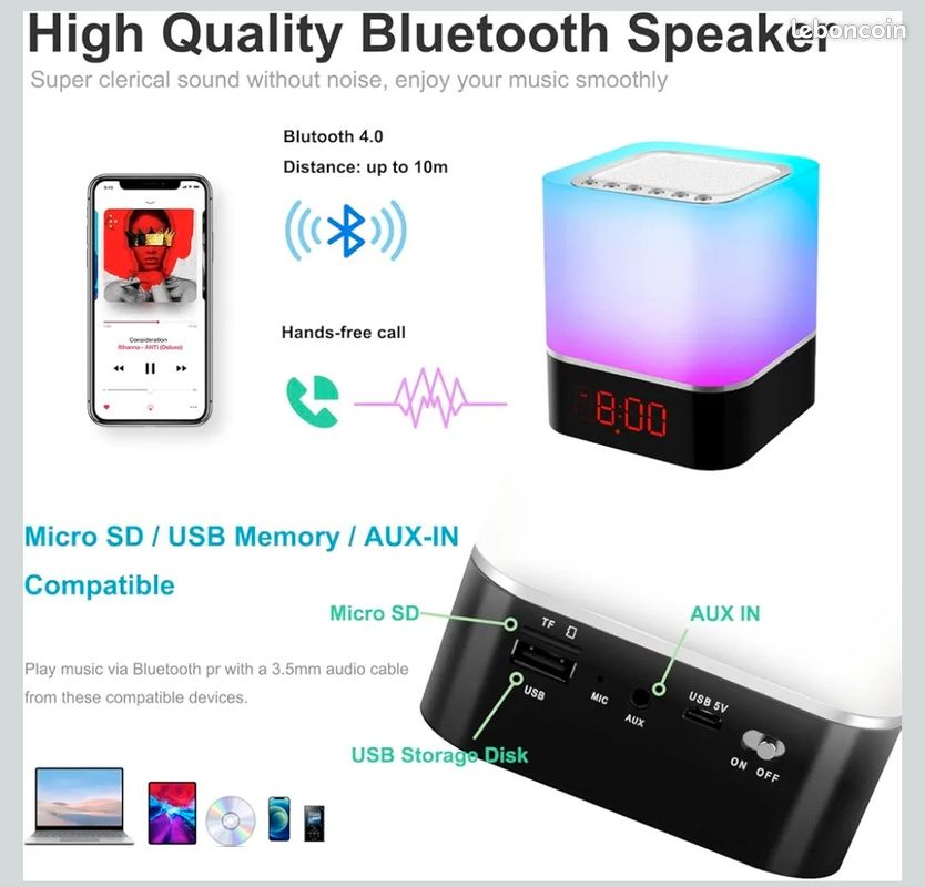5 EN 1 Reveil Lumineux Enceinte Bluetooth Portable, Lampe de Chevet à Bruit Blanc Bebe, Veilleuse Multicolore Contrôle Tactile Réveil (image 4)