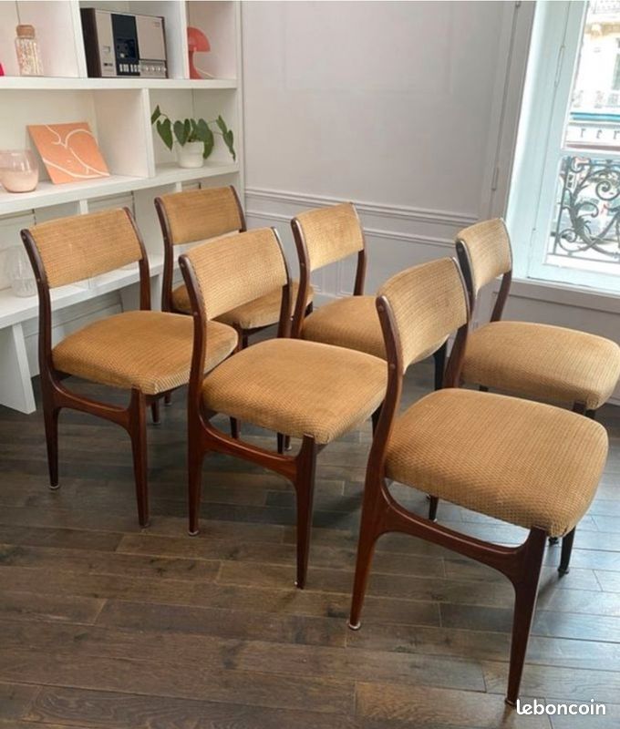 Suite de 6 chaises scandinaves en teck & velours sable dans le goût d’Erik Buch - Vintage des années 60’s (image 3)