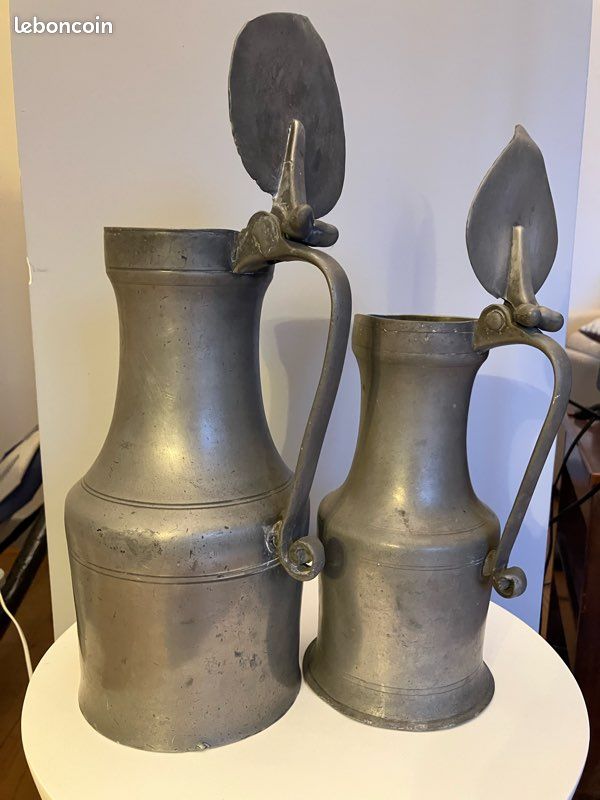 Paire de pichets en étain à couvercle - Déco vintage (image 2)
