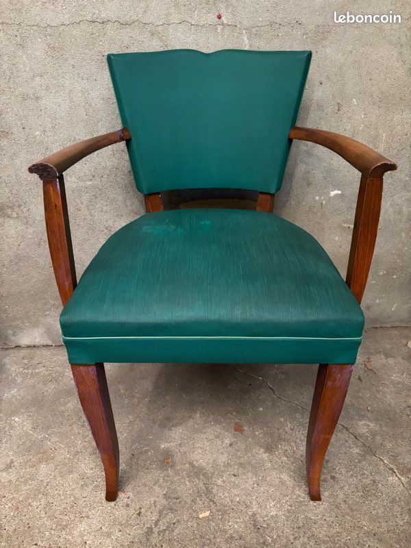Fauteuil Bridge Moustache année 50 bois et skai vert (image 1)