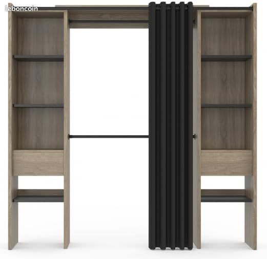 Dressing Extensible 120-180 cm – Double Penderie & 8 Étagères – Coloris Hêtre et Rideau Noir – Design Moderne (image 3)