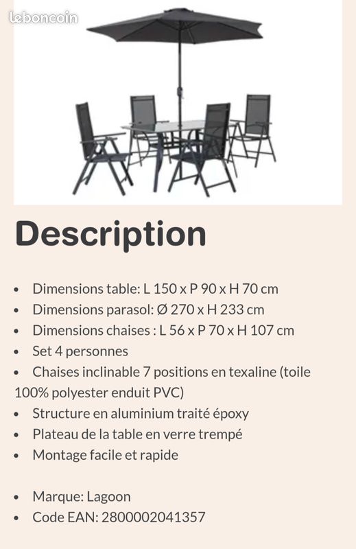 Set table + 3 chaises+ parasol (image 2)