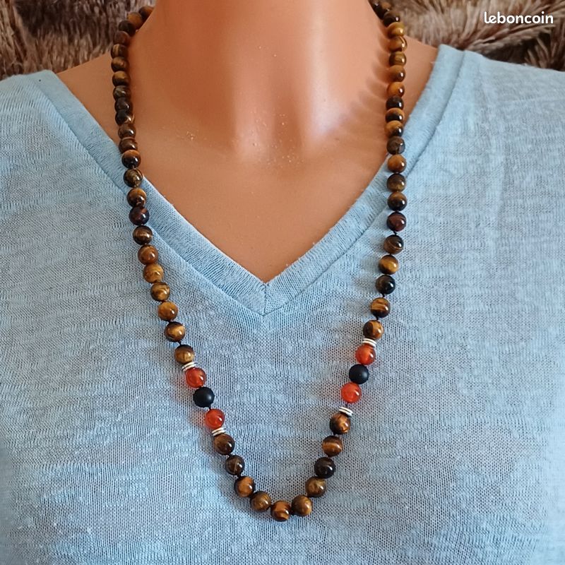 Collier Homme Œil de Tigre et Agate rouge Montres Bijoux