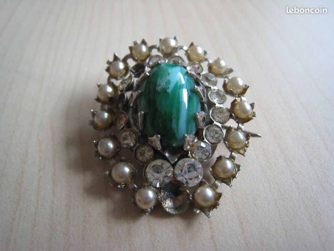 Broche antique/vintage, pierre semi-précieuse naturelle, onyx vert, argent 925, or antique - France