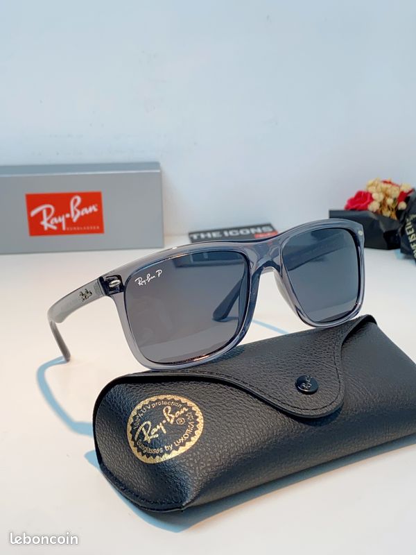 Ray-Ban. Lunettes de soleil polarisées à monture carrée grise transparente, unisexes (image 8)