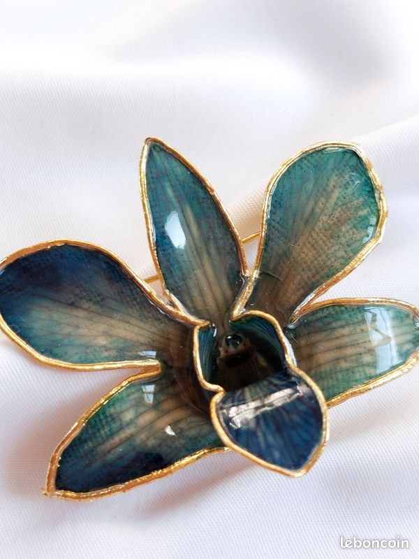 Grande Broche Orchidée émail Cloisonné – Vintage Or Et Bleu (bijou)