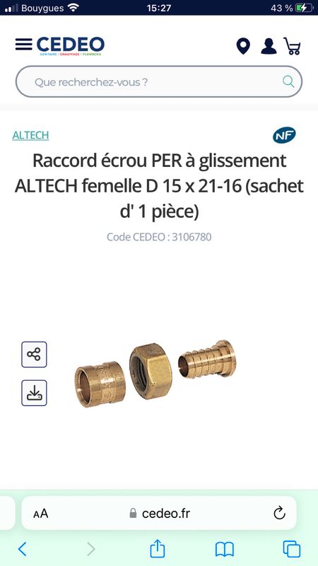 ALTECH - Raccord écrou PER à glissement ALTECH femelle D 20 x 27