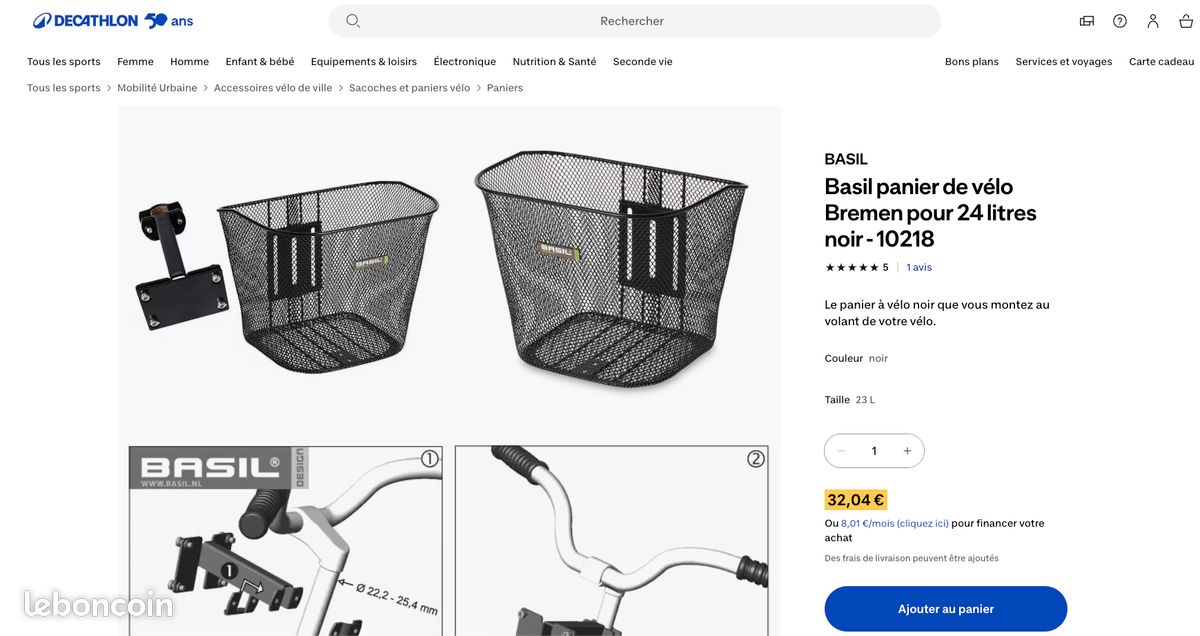 BASIL Panier de roue avant vélo 24 litres noir - Decatlhon (image 3)