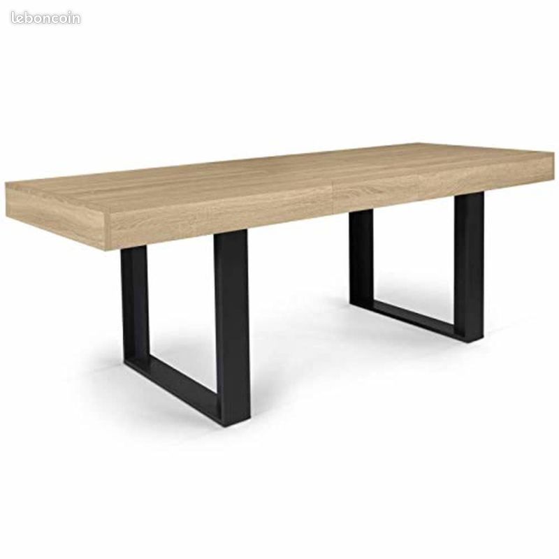 Table à Manger Extensible Industrielle 160-200 cm – Design Loft Bicolore Bois et Noir – 4 à 8 Personnes (image 1)