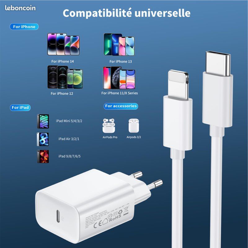 Chargeur Rapide IPhone 25W Avec Câble USB-C Vers Lightning 2m