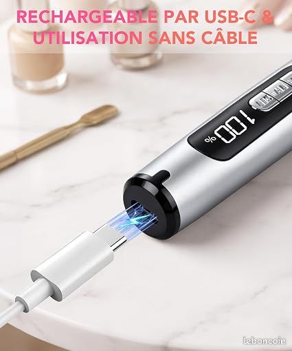 Ponceuse à Ongles Électrique Rechargeable USB-C 35000 RPM avec Écran LED Argentée (image 5)