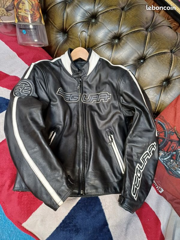 Blouson En Cuir Noir Avec Bande Blanche Vintage - Taille XL, Style Moto - Occasion Très Bon état