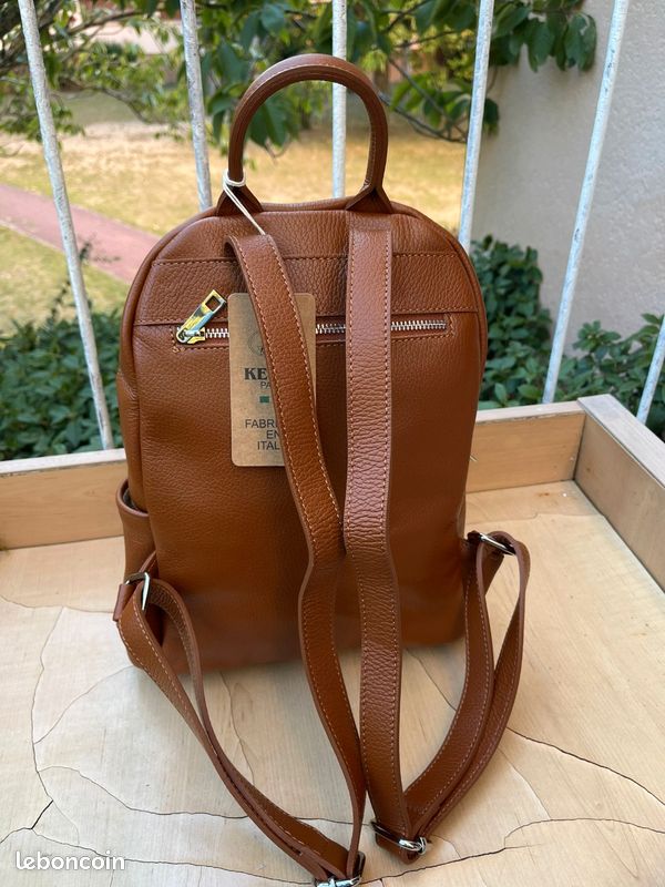 Sac à Dos En Cuir De Vache Fait Main - Cuir Marron, Bandoulière Beige - Neuf Sans étiquette