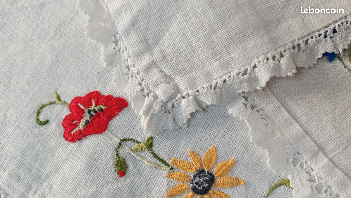 Vitrage / Rideau De Porte Vintage En Coton Brodé Main - Blanc, Transparent, Occasion Bon état