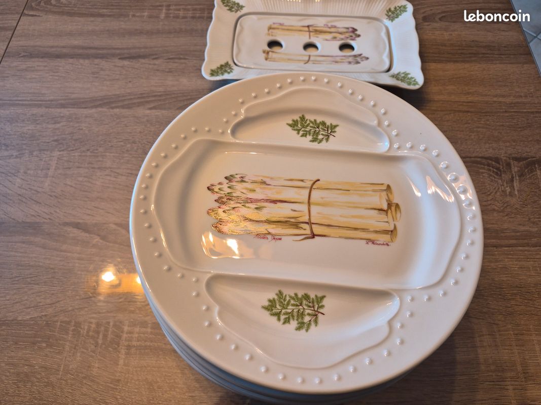 Lot De 6 Assiettes à Asperges En Porcelaine L'Hirondelle – Blanc, état Très Bon