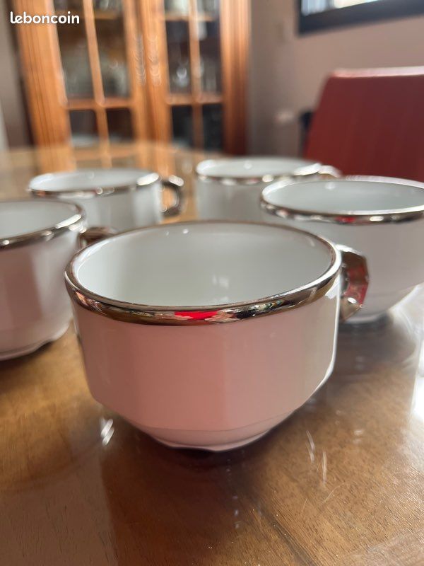 Lot de 5 tasses à thé porcelaine blanche liseré platine modèle Flora Pillivuyt 9 cm vintage LAB (image 2)