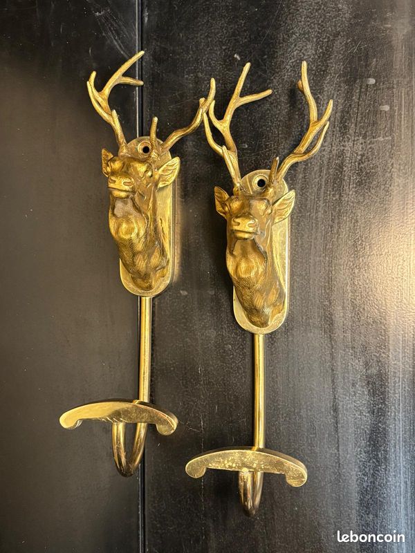 Lot De 2 Patères Murales Vintage - Tête De Cerf En Métal - Décoratif