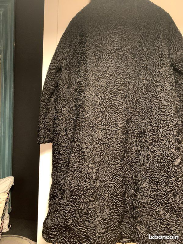 Manteau 3/4 Vintage Astrakan - Col Et Poignets Vison, Noir, Taille 42/44, Occasion Très Bon état