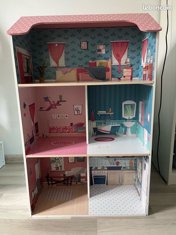 Ensemble vintage maison portative the Littles + meubles + poupées ( Ma – La Roue du Passé