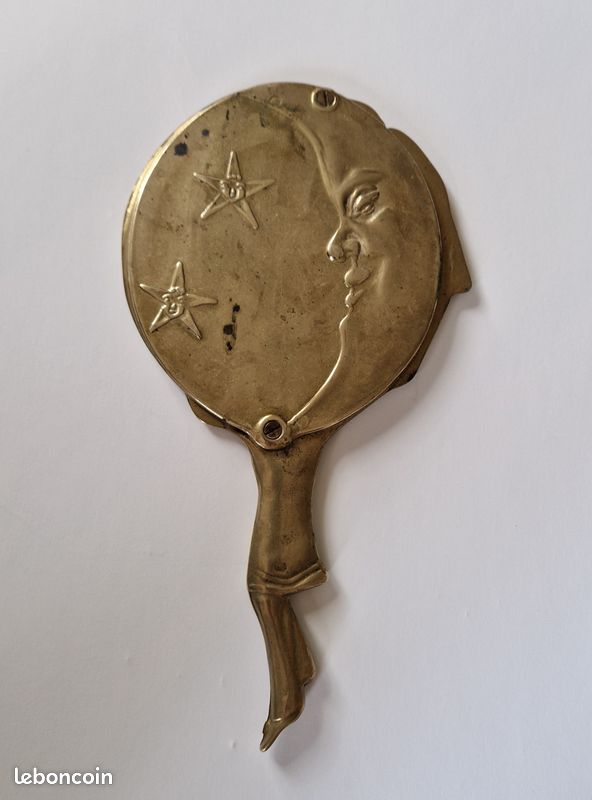 Ancien Miroir Face à Main Pierrot Colombine lune En Bronze Biseauté