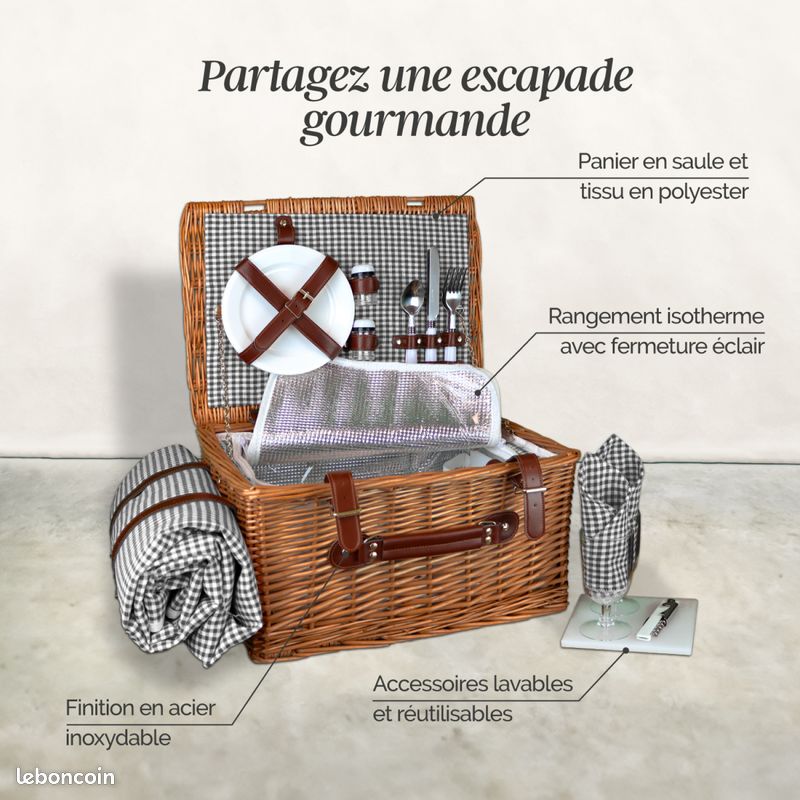 Linxor - Panier de pique-nique isotherme avec nappe et accessoires - 2 ou 4 personnes - Plusieurs coloris (image 4)