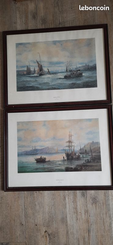 2 gravures post-impressionnistes encadrées scène côtière (image 1)