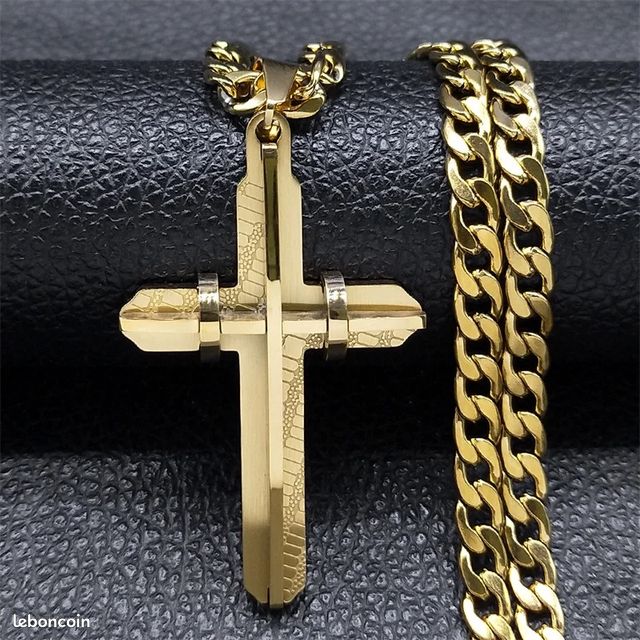 Collier Croix Marque Marie Perle Pour Homme Et Femme, En Acier Inoxydable Plaqué Or - Montres & Bijoux