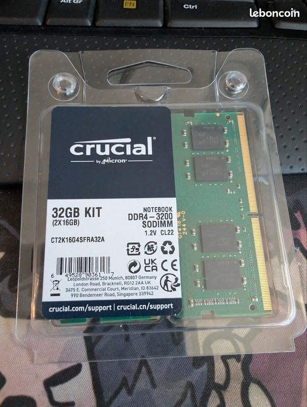 RAM Crucial DDR4 32 Go (2x16Go) 3200 MHz SODIMM Pour PC Portable - Neuve