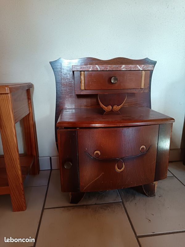 Table de nuit chevet ancien bois et marbre (image 2)