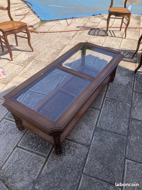 Tabe en bois plateau de verre (image 1)