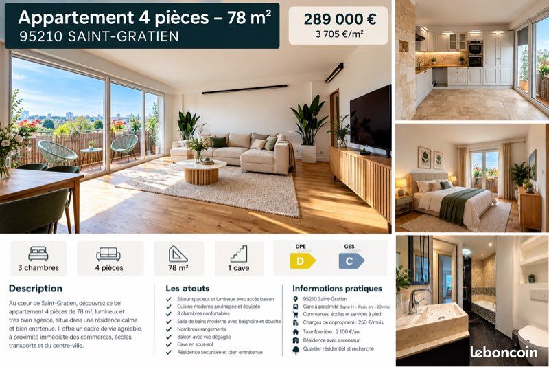 Appartement 4 pièces 78 m² · à Saint-Gratien · 78 m² · 289 000 €