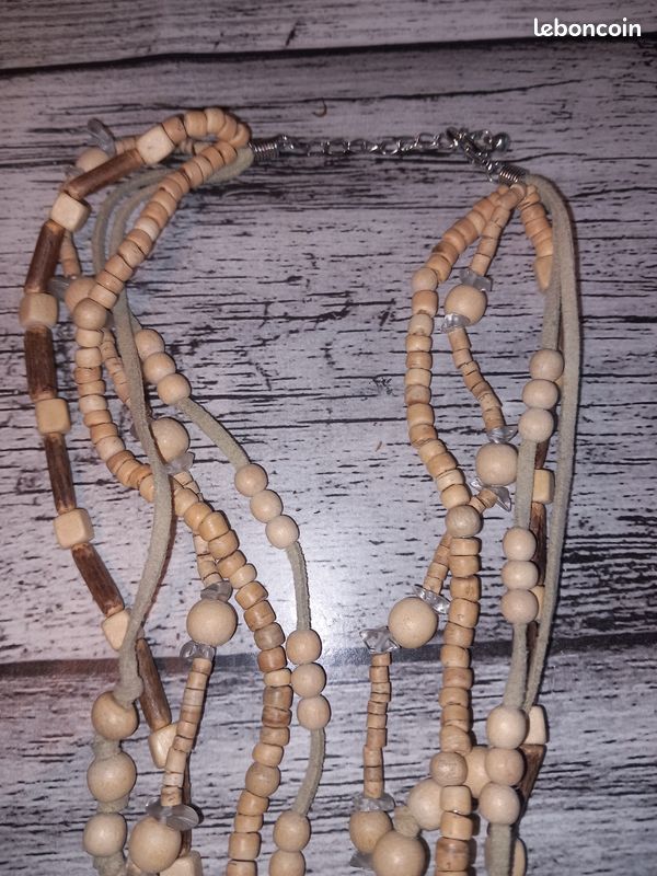 Collier Vintage Année 70 En Bois, Nacre De Coquillage Et Petites Perles - Réf. 4953 - Occasion